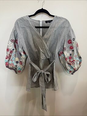 Striped Wrap Blouse with Embroidered Puff Sleeves - Multi